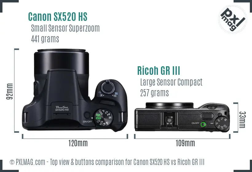 Canon SX520 HS vs Ricoh GR III top view buttons comparison