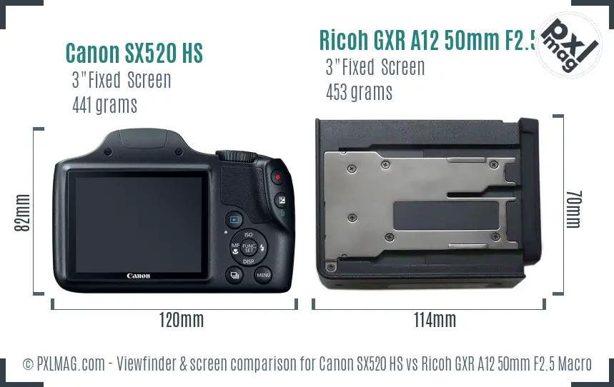 Canon SX520 HS vs Ricoh GXR A12 50mm F2.5 Macro Screen and Viewfinder comparison