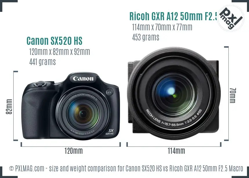 Canon SX520 HS vs Ricoh GXR A12 50mm F2.5 Macro size comparison