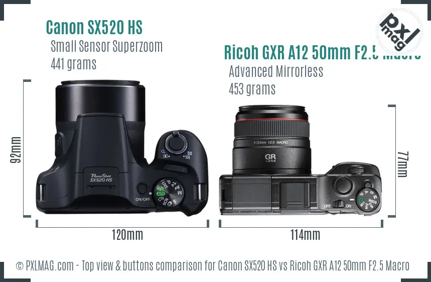 Canon SX520 HS vs Ricoh GXR A12 50mm F2.5 Macro top view buttons comparison