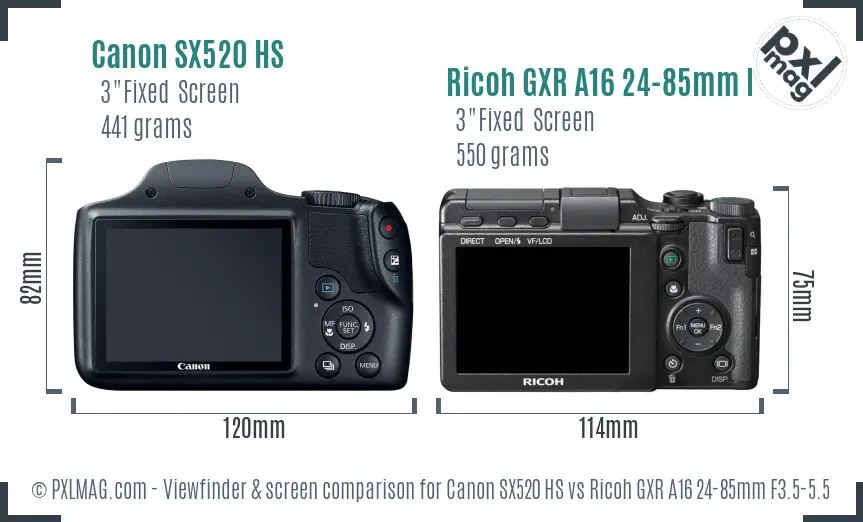 Canon SX520 HS vs Ricoh GXR A16 24-85mm F3.5-5.5 Screen and Viewfinder comparison