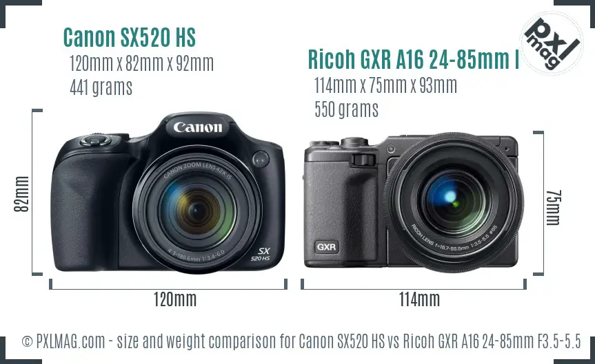 Canon SX520 HS vs Ricoh GXR A16 24-85mm F3.5-5.5 size comparison Canon SX520 HS vs Ricoh GXR A16 24-85mm F3.5-5.5 size comparison