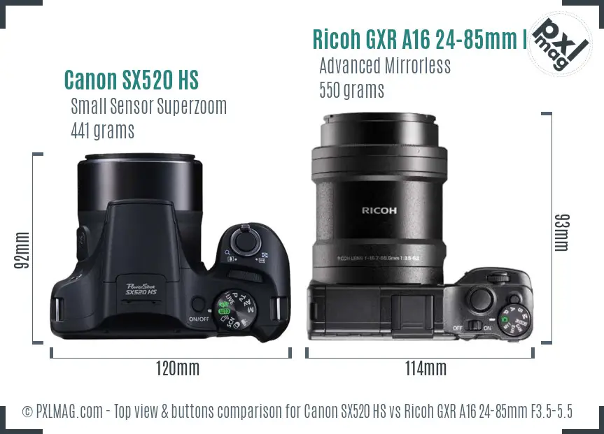Canon SX520 HS vs Ricoh GXR A16 24-85mm F3.5-5.5 top view buttons comparison