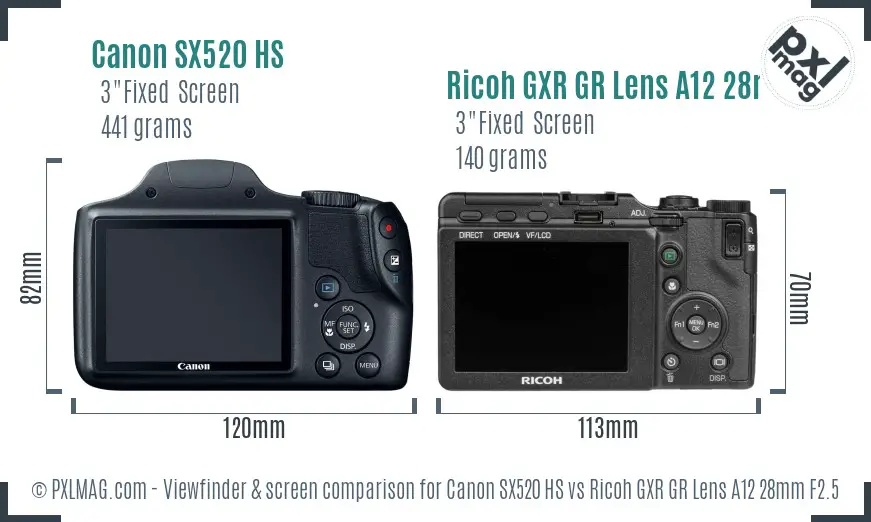 Canon SX520 HS vs Ricoh GXR GR Lens A12 28mm F2.5 Screen and Viewfinder comparison