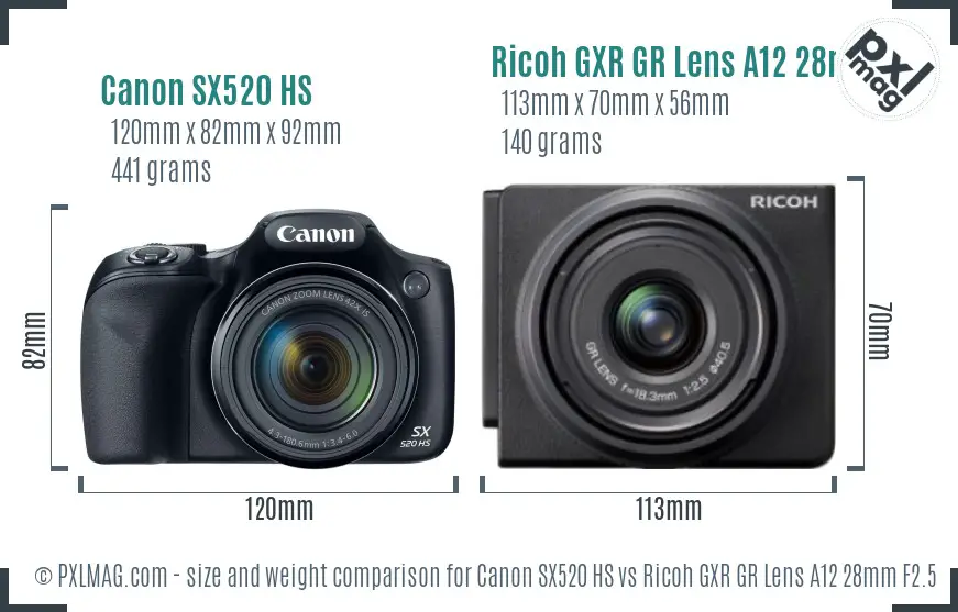 Canon SX520 HS vs Ricoh GXR GR Lens A12 28mm F2.5 size comparison