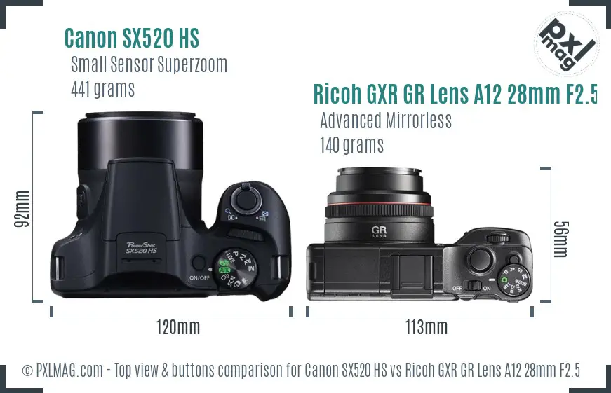 Canon SX520 HS vs Ricoh GXR GR Lens A12 28mm F2.5 top view buttons comparison