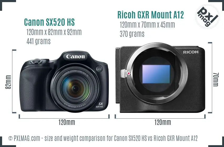 Canon SX520 HS vs Ricoh GXR Mount A12 size comparison Canon SX520 HS vs Ricoh GXR Mount A12 size comparison