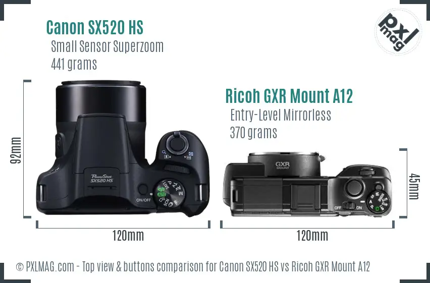 Canon SX520 HS vs Ricoh GXR Mount A12 top view buttons comparison Canon SX520 HS vs Ricoh GXR Mount A12 top view buttons comparison