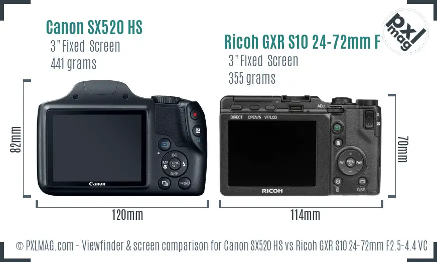 Canon SX520 HS vs Ricoh GXR S10 24-72mm F2.5-4.4 VC Screen and Viewfinder comparison