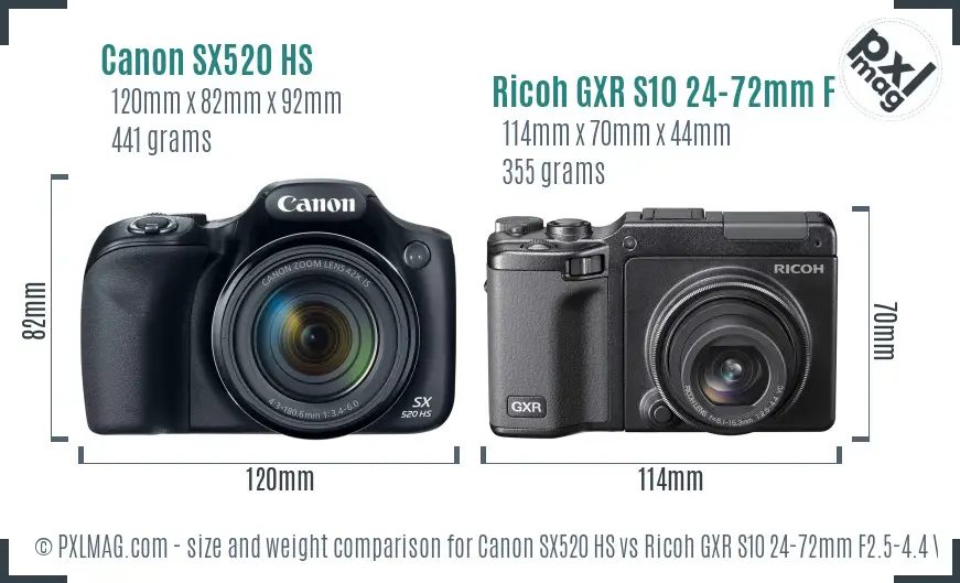 Canon SX520 HS vs Ricoh GXR S10 24-72mm F2.5-4.4 VC size comparison