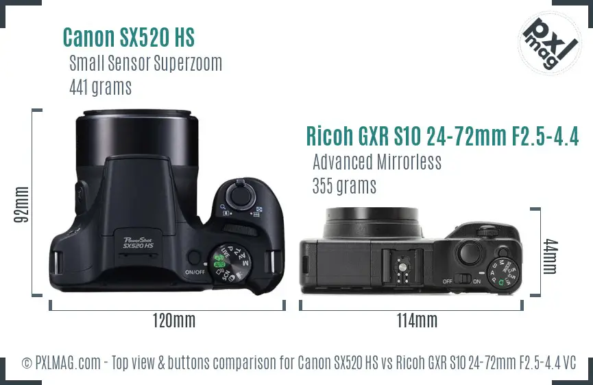 Canon SX520 HS vs Ricoh GXR S10 24-72mm F2.5-4.4 VC top view buttons comparison