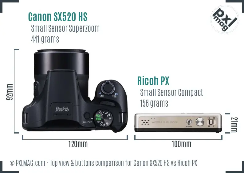Canon SX520 HS vs Ricoh PX top view buttons comparison Canon SX520 HS vs Ricoh PX top view buttons comparison