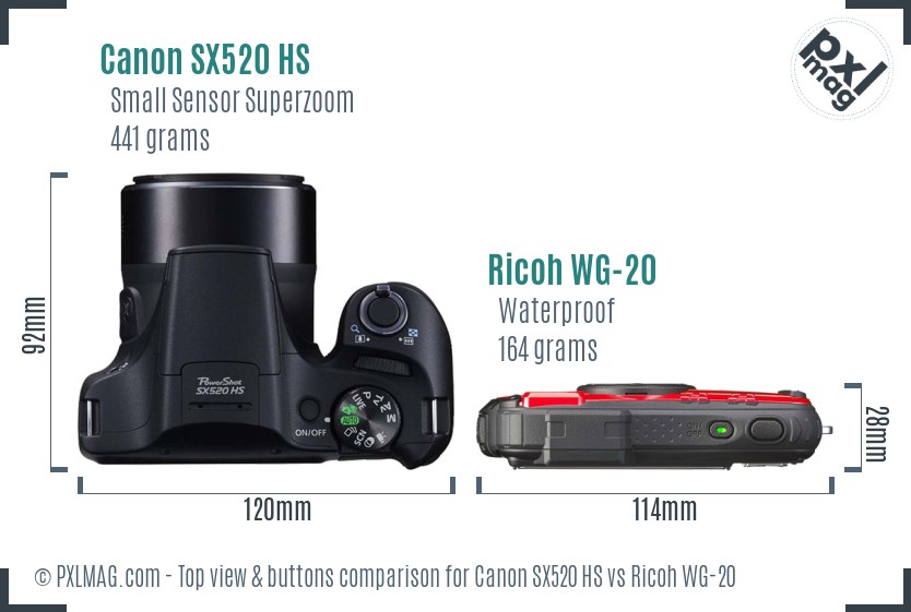 Canon SX520 HS vs Ricoh WG-20 top view buttons comparison