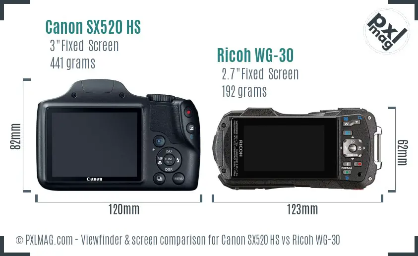 Canon SX520 HS vs Ricoh WG-30 Screen and Viewfinder comparison