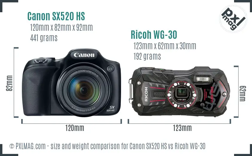 Canon SX520 HS vs Ricoh WG-30 size comparison