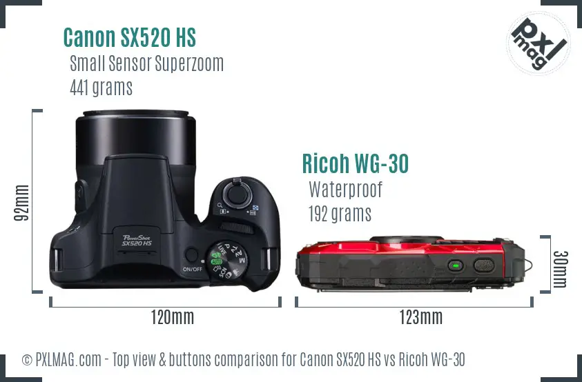 Canon SX520 HS vs Ricoh WG-30 top view buttons comparison