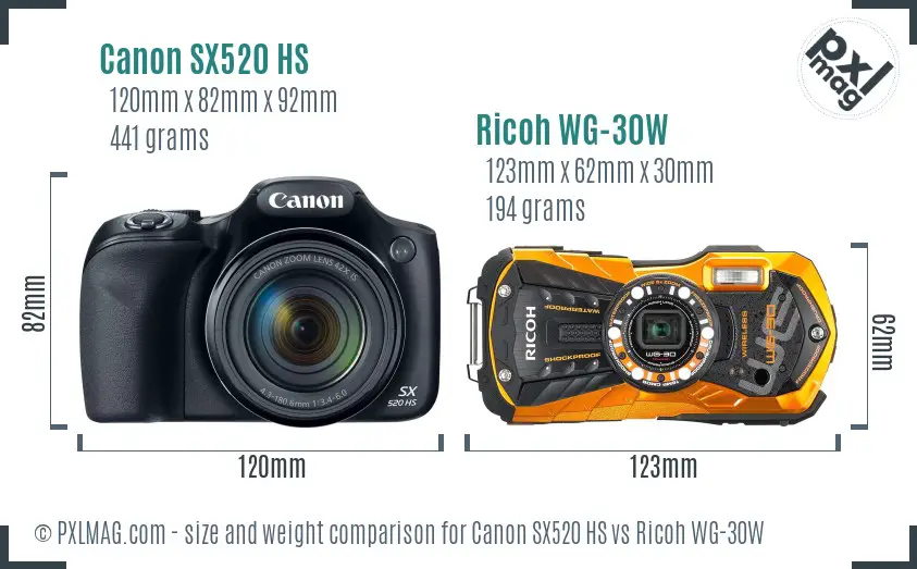 Canon SX520 HS vs Ricoh WG-30W size comparison