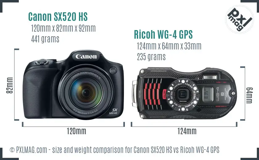 Canon SX520 HS vs Ricoh WG-4 GPS size comparison