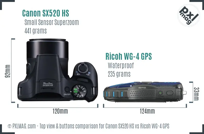 Canon SX520 HS vs Ricoh WG-4 GPS top view buttons comparison