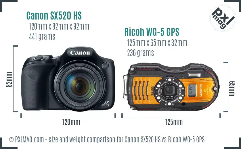 Canon SX520 HS vs Ricoh WG-5 GPS size comparison