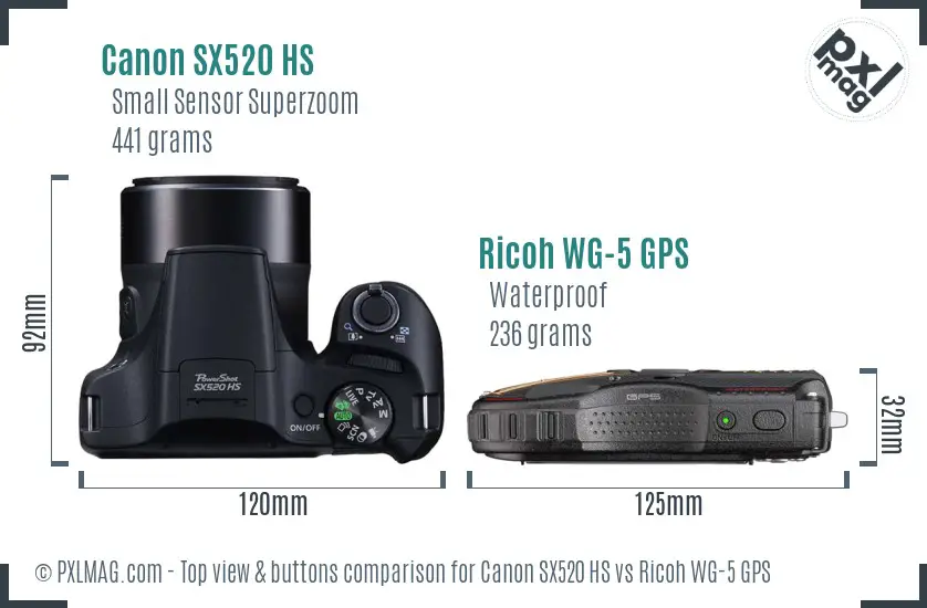 Canon SX520 HS vs Ricoh WG-5 GPS top view buttons comparison