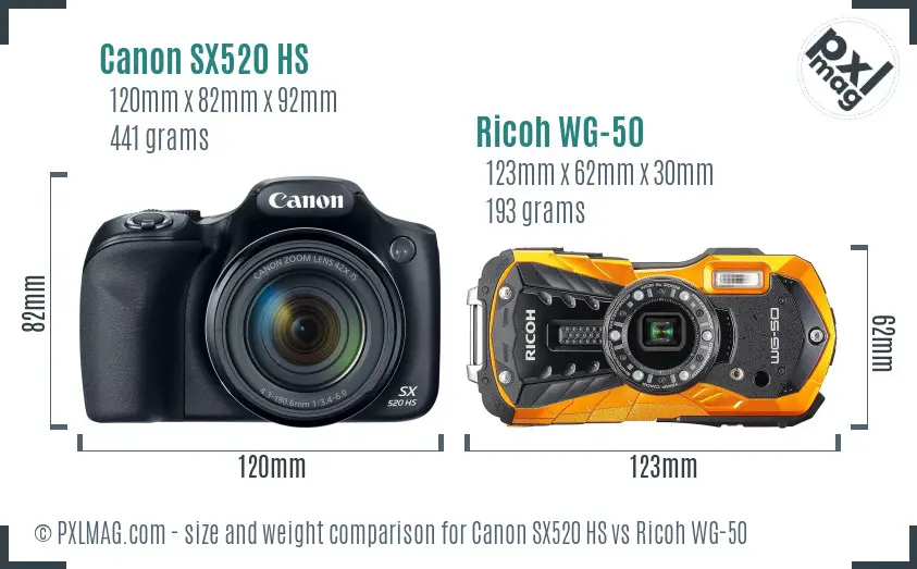 Canon SX520 HS vs Ricoh WG-50 size comparison