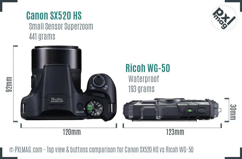 Canon SX520 HS vs Ricoh WG-50 top view buttons comparison