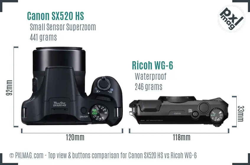 Canon SX520 HS vs Ricoh WG-6 top view buttons comparison