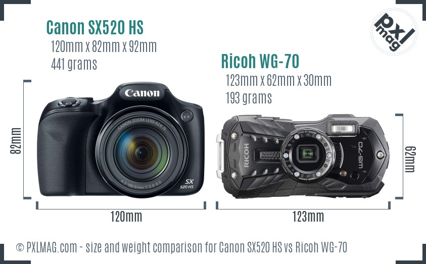 Canon SX520 HS vs Ricoh WG-70 size comparison