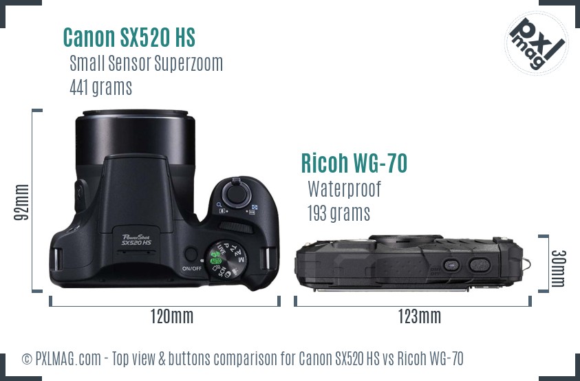 Canon SX520 HS vs Ricoh WG-70 top view buttons comparison