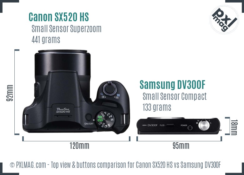 Canon SX520 HS vs Samsung DV300F top view buttons comparison