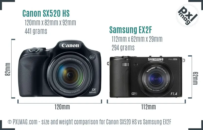 Canon SX520 HS vs Samsung EX2F size comparison Canon SX520 HS vs Samsung EX2F size comparison