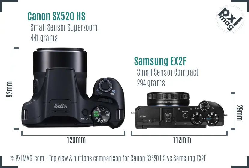 Canon SX520 HS vs Samsung EX2F top view buttons comparison Canon SX520 HS vs Samsung EX2F top view buttons comparison