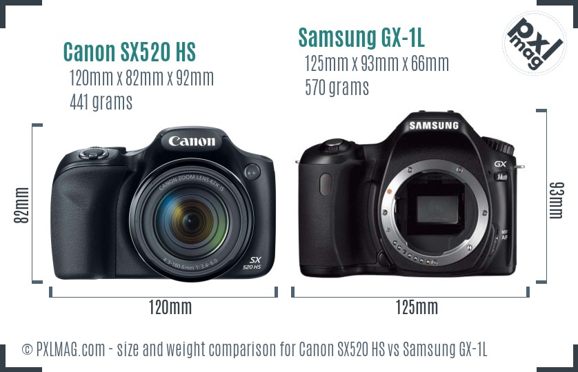 Canon SX520 HS vs Samsung GX-1L size comparison