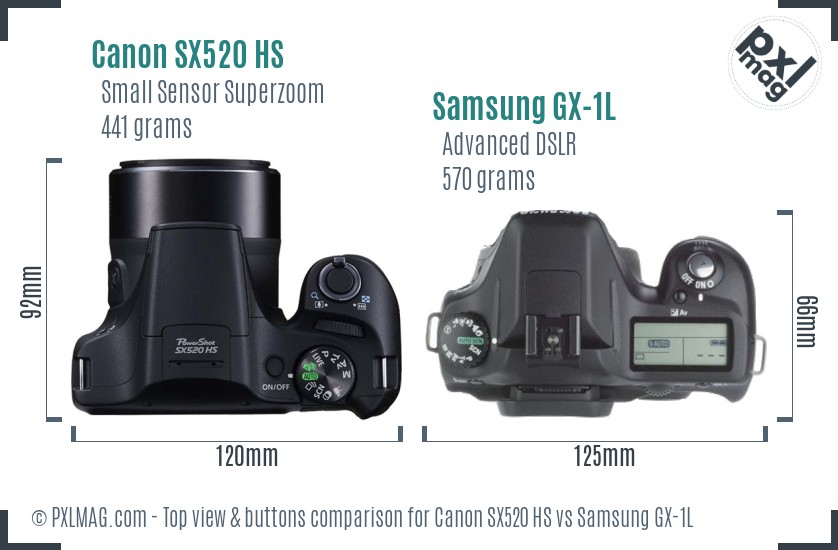 Canon SX520 HS vs Samsung GX-1L top view buttons comparison