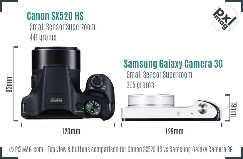 Canon SX520 HS vs Samsung Galaxy Camera 3G top view buttons comparison