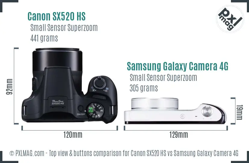 Canon SX520 HS vs Samsung Galaxy Camera 4G top view buttons comparison