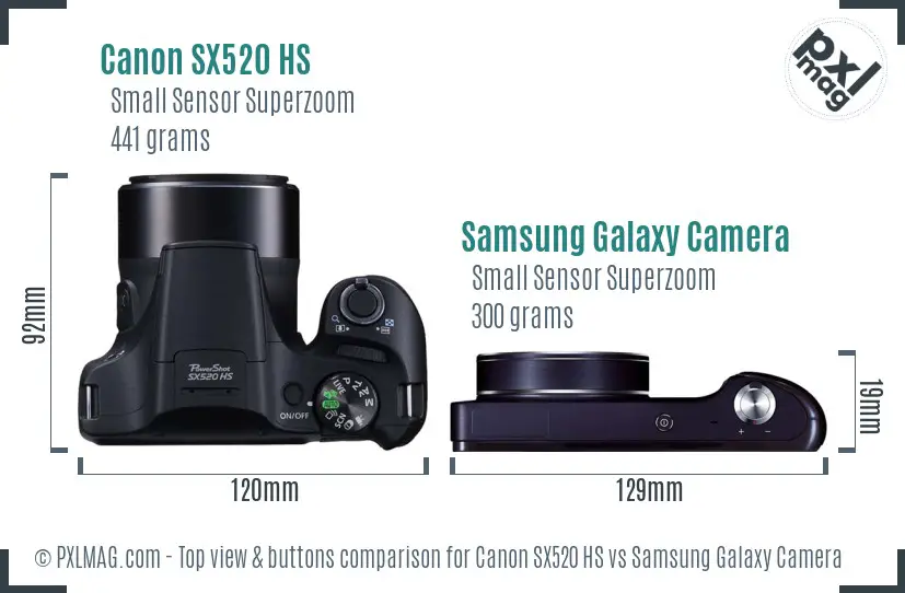 Canon SX520 HS vs Samsung Galaxy Camera top view buttons comparison