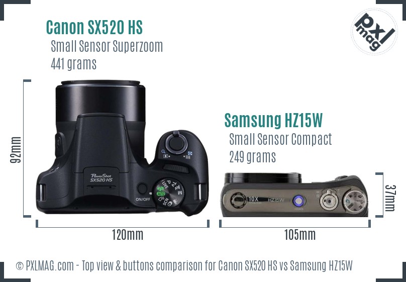 Canon SX520 HS vs Samsung HZ15W top view buttons comparison