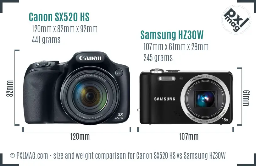 Canon SX520 HS vs Samsung HZ30W size comparison