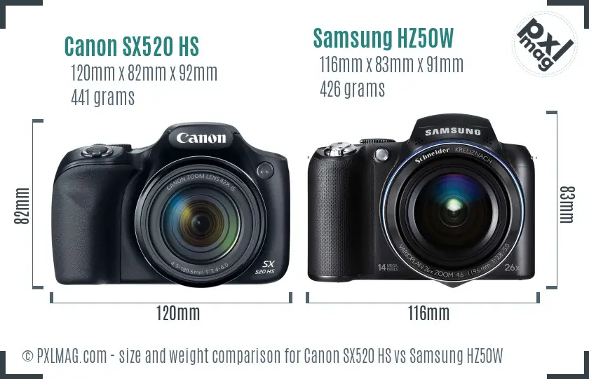 Canon SX520 HS vs Samsung HZ50W size comparison