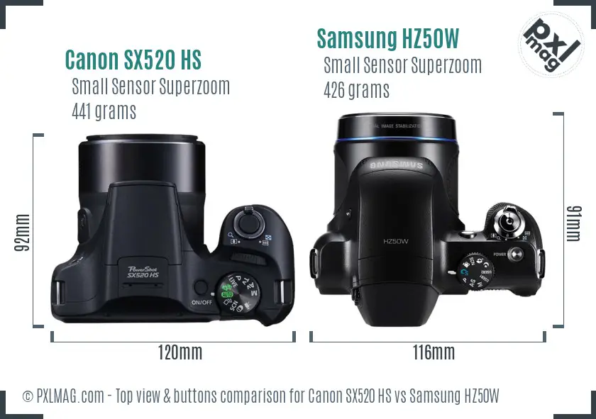 Canon SX520 HS vs Samsung HZ50W top view buttons comparison