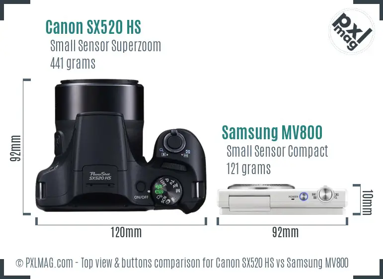 Canon SX520 HS vs Samsung MV800 top view buttons comparison