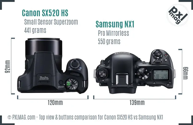 Canon SX520 HS vs Samsung NX1 top view buttons comparison