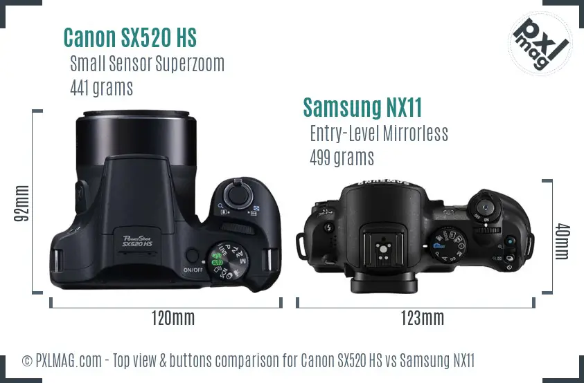 Canon SX520 HS vs Samsung NX11 top view buttons comparison