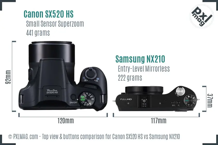 Canon SX520 HS vs Samsung NX210 top view buttons comparison