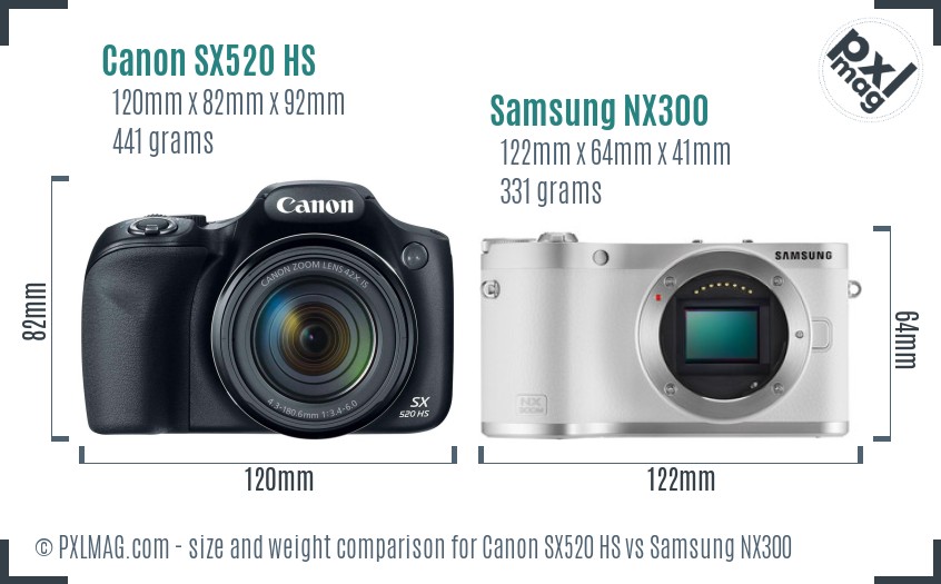 Canon SX520 HS vs Samsung NX300 size comparison