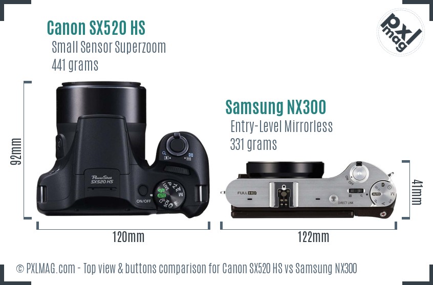 Canon SX520 HS vs Samsung NX300 top view buttons comparison