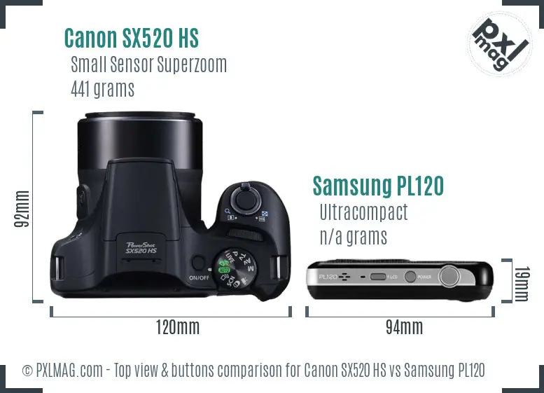 Canon SX520 HS vs Samsung PL120 top view buttons comparison Canon SX520 HS vs Samsung PL120 top view buttons comparison