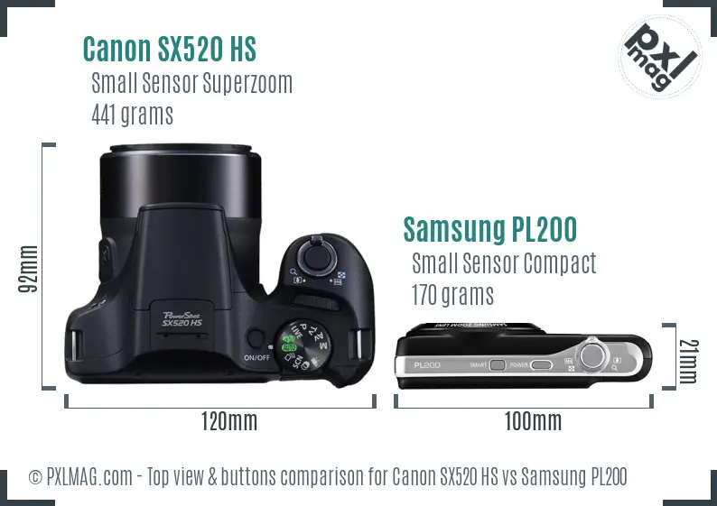 Canon SX520 HS vs Samsung PL200 top view buttons comparison